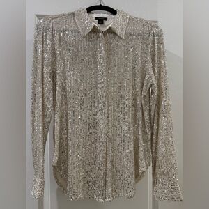 HALOGEN Long Sleeve Snap Up Front Silver Sequined Top - Size Small